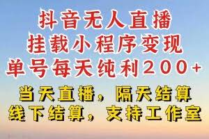 抖音无人直播挂载小程序，零粉号一天变现二百多，不违规也不封号，一场挂十个小时起步【揭秘】
