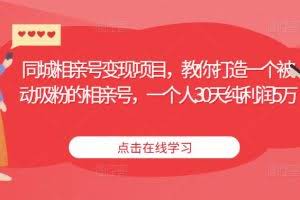 同城相亲号变现项目，教你打造一个被动吸粉的相亲号，一个人30天纯利润5万