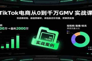 TikTok电商从0到千万GMV实战课，含逆袭经验、新趋势解析，讲选品定价流量，附案例实操