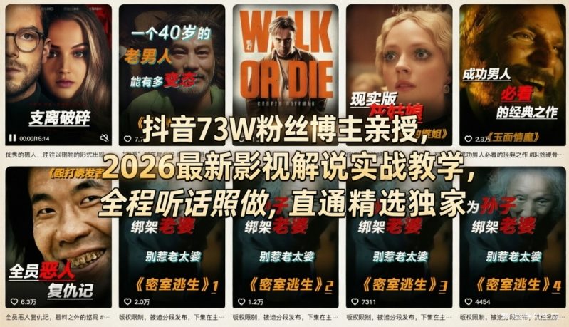 抖音73W粉丝博主亲授，2026最新影视解说实战教学，全程听话照做，直通精选独家