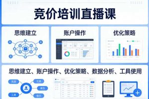 竞价培训直播课,覆盖思维建立、账户操作、优化策略、数据分析、工具使用等,全方位提升效果