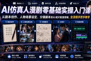 AI仿真人漫剧零基础实操入门课,从剧本创作、人物场景设定、分镜脚本到AI成片配音剪辑,全流程手把手教学