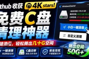 Github收获4K stars！免费C盘清理神器，轻松腾出几十G空间，支持C盘迁移Windows Cleaner
