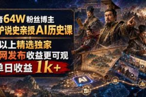 抖音64W粉丝博主大驴说史亲授AI历史课，可以上精选独家，全网发布收益更可观，单日收益1k+