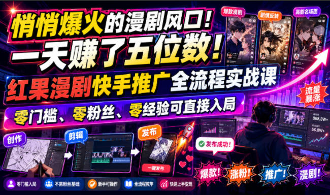 悄悄爆火的漫剧风口！一天賺了五位数！红果漫剧快手推广全流程实战课，零门槛、零粉丝、零经验可直接入局