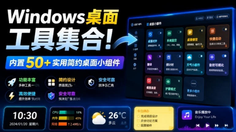 Windows桌面工具集合！内置50+实用简约桌面小组件，含截图、录屏、翻译、天气等，多秘工具箱