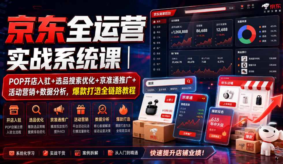 京东全运营实战系统课｜POP开店入驻+选品搜索优化+京准通推广+活动营销+数据分析，爆款打造全链路教程