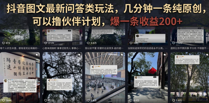 抖音图文最新问答类玩法，几分钟一条纯原创，可以撸伙伴计划，爆一条收益200+