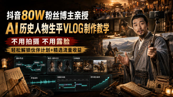 抖音80W粉丝博主的AI历史人物生平VLOG教学，不用拍摄不用露脸，AI帮你搞定，轻松解锁伙伴计划+精选收益