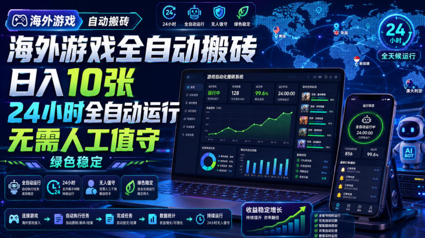 海外游戏全自动搬砖，日入10张，24小时全自动运行，无需人工值守，绿色稳定！【揭秘】