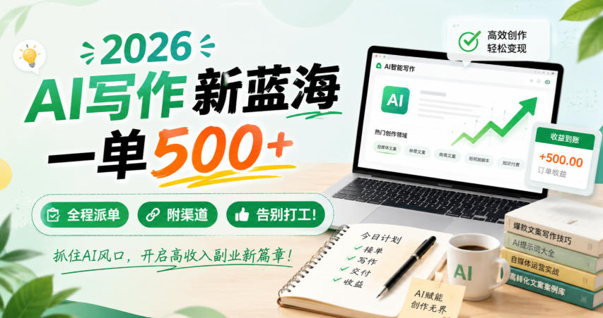 2026 AI写作新蓝海,一单500+,全程派单,附渠道,告别打工!【揭秘】