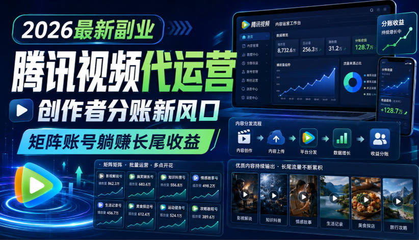 2026最新副业之腾讯视频代运营:创作者分账新风口,矩阵账号躺賺长尾收益【揭秘】