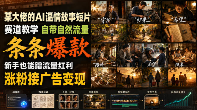 某大佬的AI温情故事短片赛道教学,自带自然流量,条条爆款,新手也能蹭流量红利,涨粉接广告变现