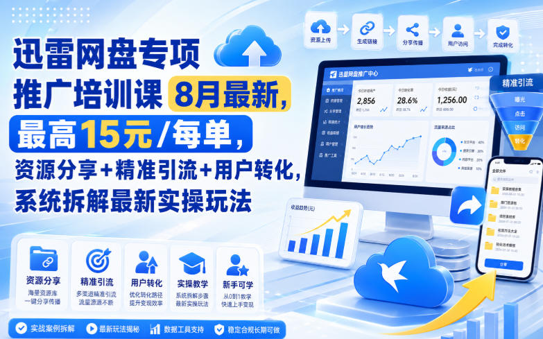 迅雷网盘专项推广培训课8月最新,最高15米/每单,资源分享+精准引流+用户转化,系统拆解最新实操玩法(持续更新)
