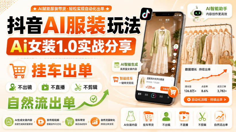 抖音AI服装玩法,Ai女装1.0实战分享,挂车出单,不出镜,不直播,不剪辑,自然流出单