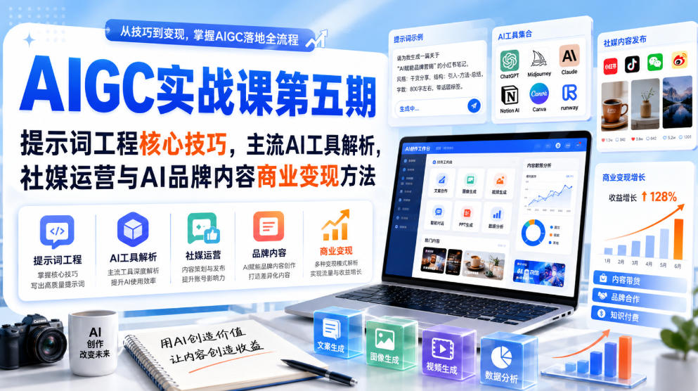 刺猬星球·AIGC实战课第五期,提示词工程核心技巧,主流AI工具解析,社媒运营与AI品牌内容商业变现方法