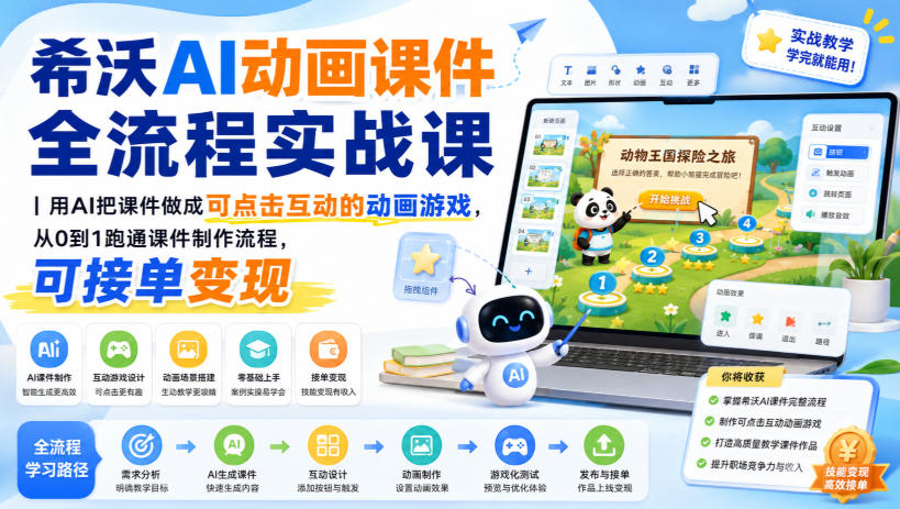 希沃AI动画课件全流程实战课|用AI把课件做成可点击互动的动画游戏,从0到1跑通课件制作流程,可接单变现