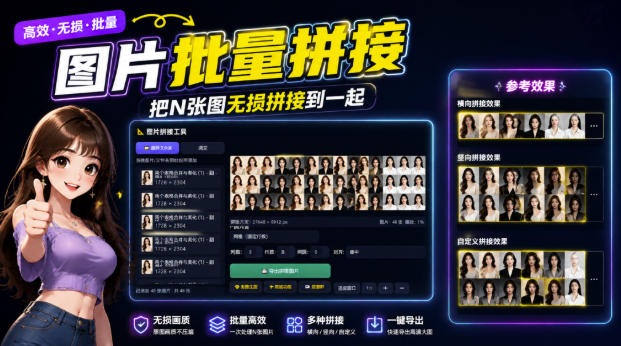图片批量拼接，把N张图无损拼接到一起，支持横向、竖向、自定义等功能