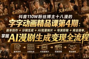 抖音110W粉丝博主十八漫的字字动画精品课第4期:剧本创作+分镜生成+剪辑+商业接单,掌握AI漫剧生成变现全流程