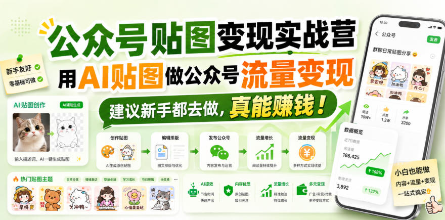 公众号贴图变现实战营，用AI贴图做公众号流量变现，建议新手都去做，真能賺钱！