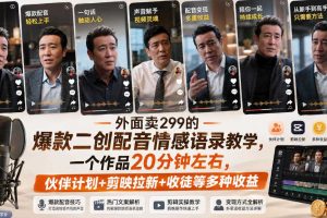 外面卖299的爆款二创配音情感语录教学,一个作品20分钟左右,伙伴计划+剪映拉新+收徒等多种收益