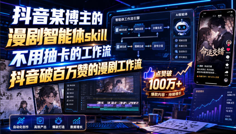 抖音某博主的漫剧智能体skill，不用抽卡的工作流，抖音破百万赞的漫剧工作流（更新）