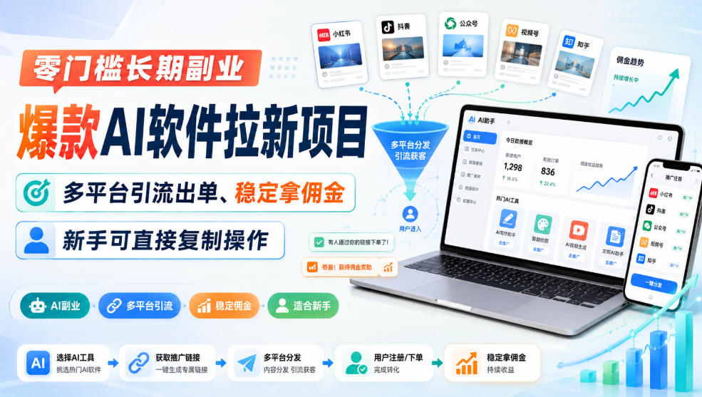 零门槛长期副业,爆款AI软件拉新项目,多平台引流出单、稳定拿佣金,新手可直接复制操作