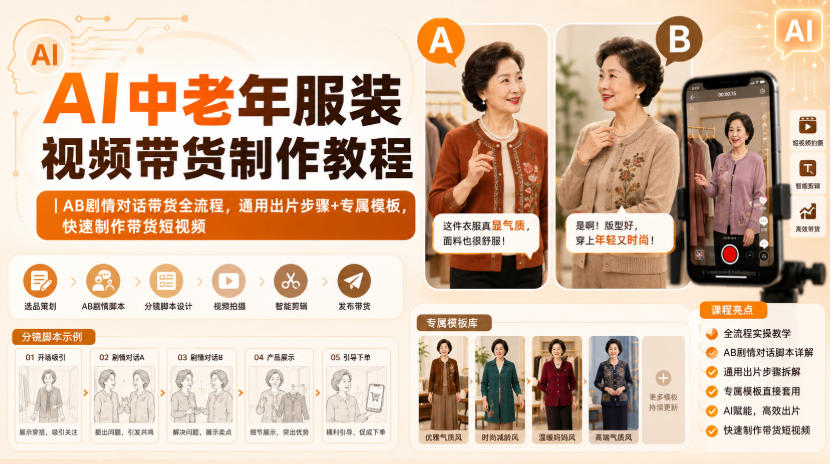 AI中老年服装视频带货制作教程|AB剧情对话带货全流程,通用出片步骤+专属模板,快速制作带货短视频