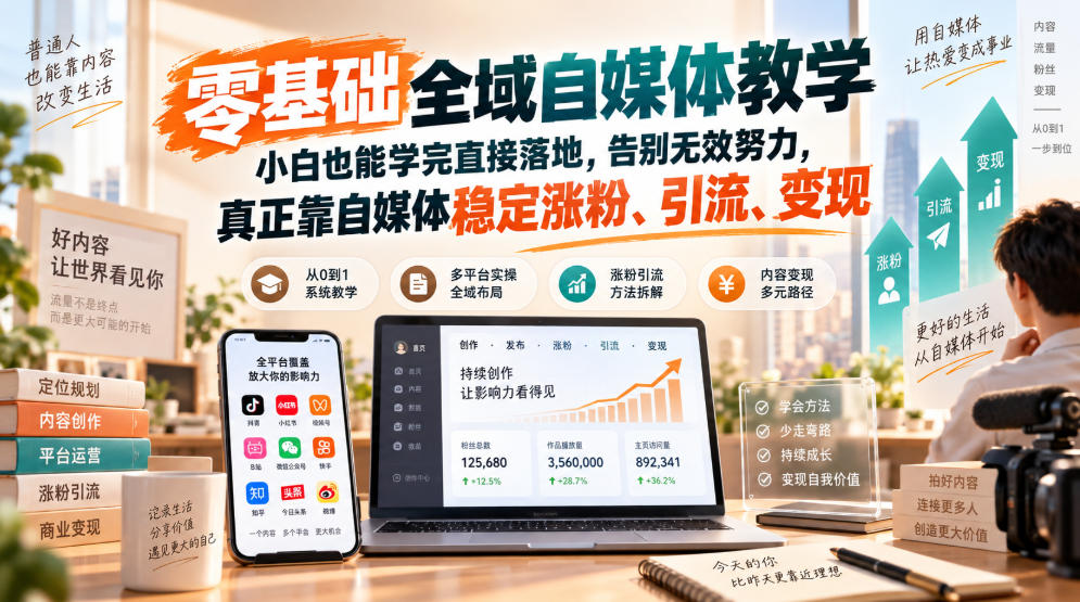 零基础全域自媒体教学,小白也能学完直接落地,告别无效努力,真正靠自媒体稳定涨粉、引流、变现