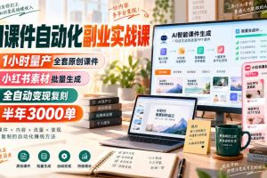 AI课件自动化副业实战课,1小时量产全套原创课件,小红书素材批量生成,全自动变现复刻,半年3000单