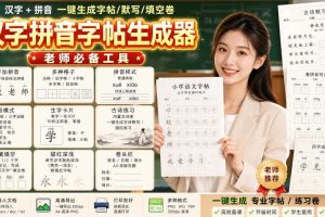 学习神器,汉字拼音字帖生成器,汉字+拼音 一键生成字帖/默写/填空卷,支持词组、成语,老师、家长必备