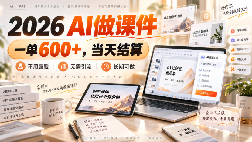 2026 AI做课件,一单600+,当天结算,不用露脸,无需引流,长期可做【揭秘】
