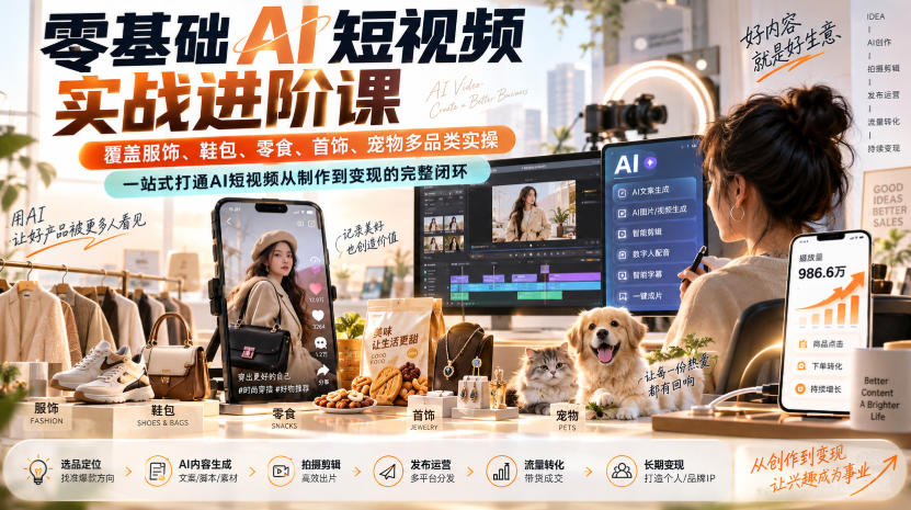 零基础AI短视频实战进阶课,覆盖服饰、鞋包、零食、首饰、宠物多品类实操,一站式打通AI短视频从制作到变现的完整闭环