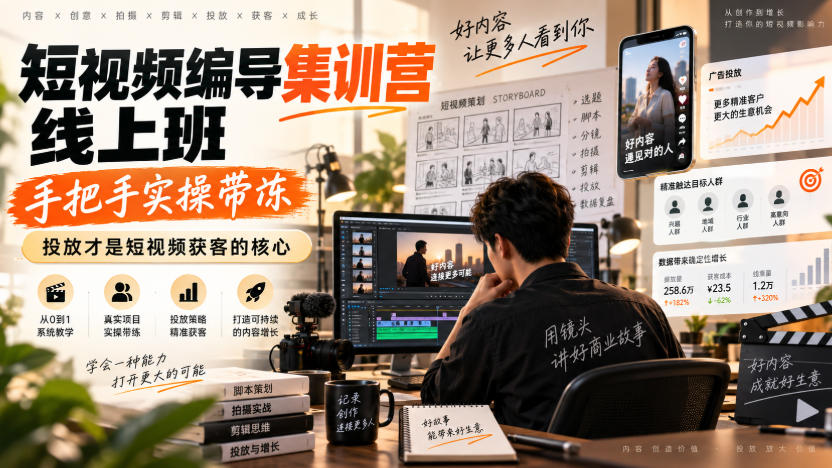 短视频编导集训营线上班,手把手实操带冻,投放才是短视频获客的核心