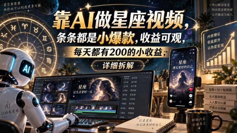 靠AI做星座视频，条条都是小爆款，收益可观，每天都有200的小收益，详细拆解