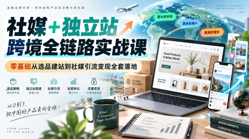 社媒+独立站跨境全链路实战课｜零基础从选品建站到社媒引流变现全套落地