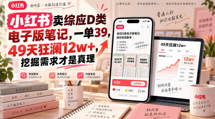 小红书卖综应D类电子版笔记,一单39,49天狂澜12w+,挖掘需求才是真理