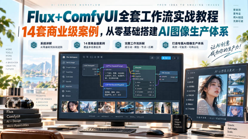 Flux+ComfyUI全套工作流实战教程|14套商业级案例,从零基础搭建AI图像生产体系