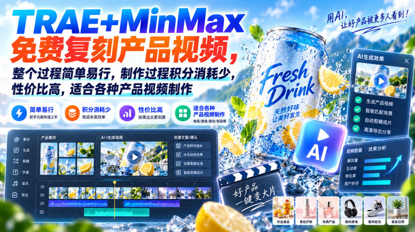 TRAE+MinMax免费复刻产品视频，整个过程简单易行，制作过程积分消耗少，性价比高，适合各种产品视频制作