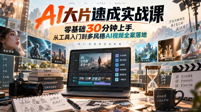AI大片速成实战课|零基础30分钟上手,从工具入门到多风格AI视频全案落地