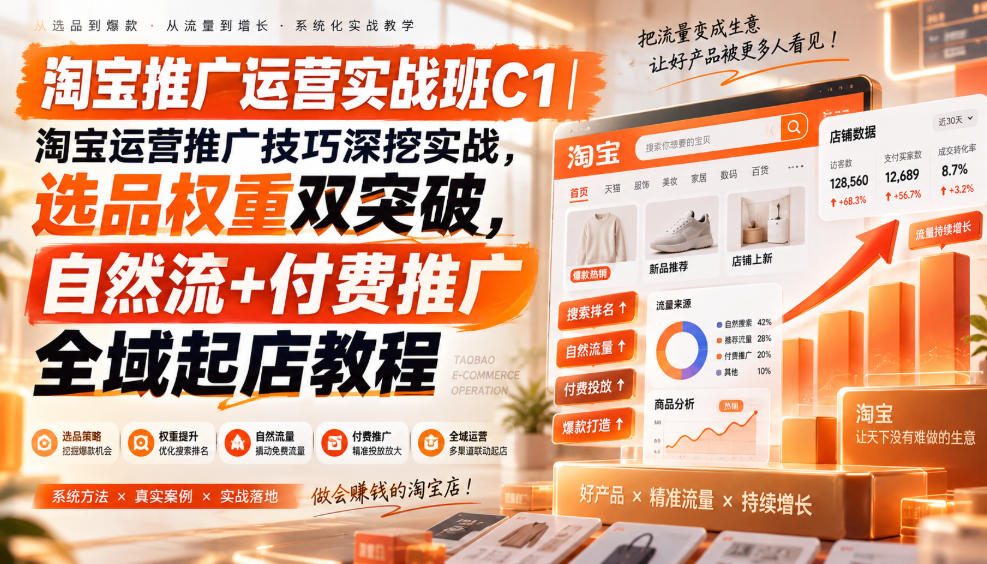 淘宝推广运营实战班C1|淘宝运营推广技巧深挖实战,选品权重双突破,自然流+付费推广全域起店教程
