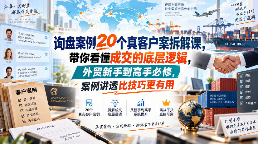 询盘案例20个真客户案拆解课，带你看懂成交的底层逻辑，外贸新手到高手必修，案例讲透比技巧更有用