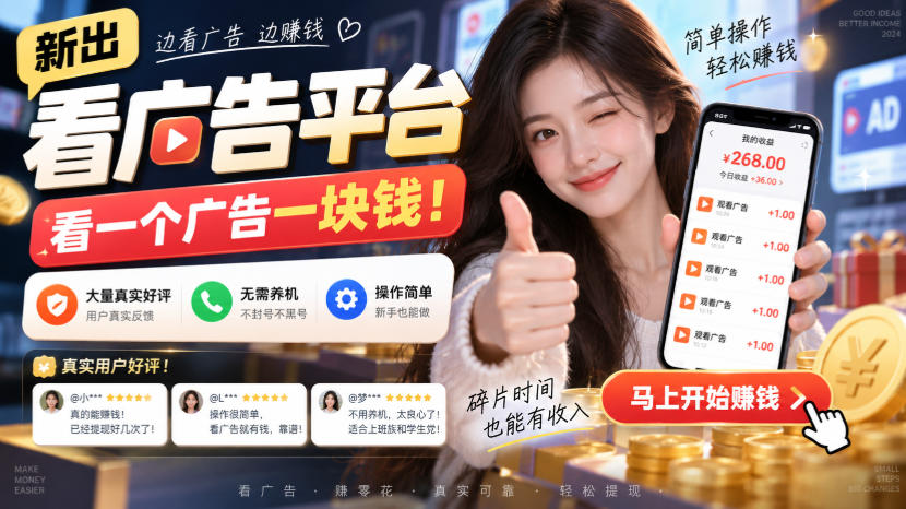 新出看广告平台,看一个广告一块钱,大量真实好评!无需养机、不会黑号,操作简单【揭秘】