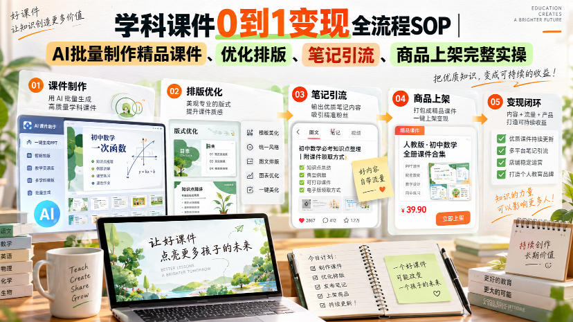 学科课件0到1变现全流程SOP|AI批量制作精品课件、优化排版、笔记引流、商品上架完整实操