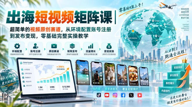 出海短视频矩阵课|超简单的视频原创赛道,从环境配置账号注册到发布变现,零基础完整实操教学