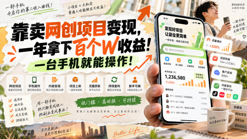 靠卖网创项目变现,一年拿下百个W收益!一台手机就能操作!【揭秘】