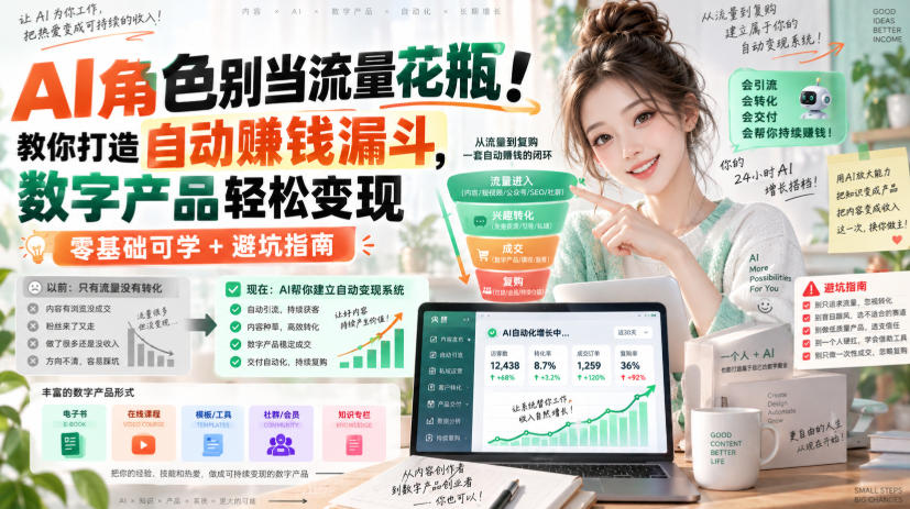 AI角色别当流量花瓶!教你打造自动賺钱漏斗,数字产品轻松变现(零基础可学+避坑指南)【原创双语字幕】