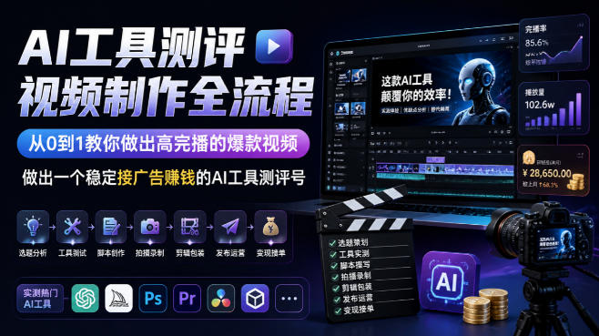 AI工具测评视频制作全流程,从0到1教你做出高完播的爆款视频,做出一个稳定接广告賺钱的AI工具测评号