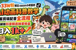 抖音33W粉博主eason小树苗的AI动画科普教学,文案剪辑配音全流程,轻松解锁抖音精选独家收益,日入1k+