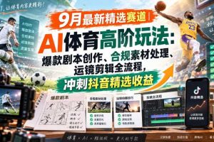 某大佬的9月最新精选赛道之AI体育顶级玩法,爆款剧本创作、版权规避、运镜剪辑全流程,稳拿抖音精选收益